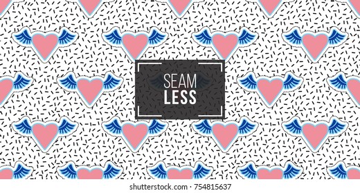 Seamless pattern background with patch pink heart with wings. Vector backdrop with badges, stickers, pins, patches. Inspired by cartoon comic style of 80s-90s.