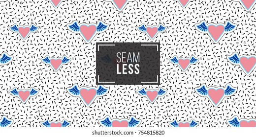 Seamless pattern background with patch pink heart with wings. Vector backdrop with badges, stickers, pins, patches. Inspired by cartoon comic style of 80s-90s.