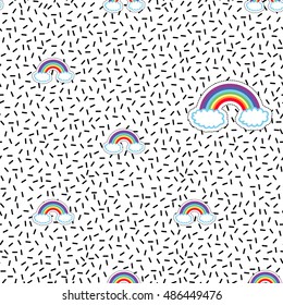 Seamless pattern background with patch rainbow on clouds. Vector backdrop with badges, stickers, pins, patches. Inspired by cartoon comic style of 80s-90s.