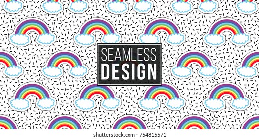 Seamless pattern background with patch rainbow on clouds. Vector backdrop with badges, stickers, pins, patches. Inspired by cartoon comic style of 80s-90s.