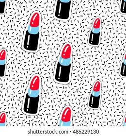 Seamless pattern background with patch red lipstick. Vector backdrop with badges, stickers, pins, patches. Inspired by cartoon comic style of 80s-90s.