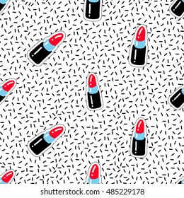 Seamless pattern background with patch red lipstick. Vector backdrop with badges, stickers, pins, patches. Inspired by cartoon comic style of 80s-90s.