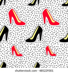 Seamless pattern background with patch red heel shoe and black heel shoe. Vector backdrop with badges, stickers, pins, patches. Inspired by cartoon comic style of 80s-90s.