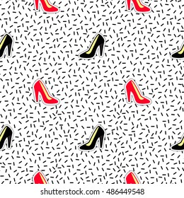 Seamless pattern background with patch red heel shoe and black heel shoe. Vector backdrop with badges, stickers, pins, patches. Inspired by cartoon comic style of 80s-90s.