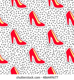Seamless pattern background with patch red heel shoe. Vector backdrop with badges, stickers, pins, patches. Inspired by cartoon comic style of 80s-90s.