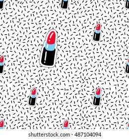 Seamless pattern background with patch red lipstick. Vector backdrop with badges, stickers, pins, patches. Inspired by cartoon comic style of 80s-90s.