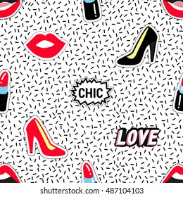 Seamless pattern background with patch red and black heel shoe, kissing lips, open mouth, red lipstick, labels: chic, love. Vector backdrop with badges, stickers, pins, patches. Style of 80s-90s.