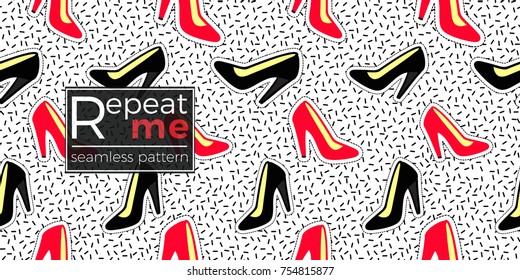 Seamless pattern background with patch red heel shoe and black heel shoe. Vector backdrop with badges, stickers, pins, patches. Inspired by cartoon comic style of 80s-90s.