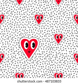 Seamless pattern background with patch smile heart. Vector backdrop with badges, stickers, pins, patches. Inspired by cartoon comic style of 80s-90s.