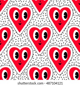 Seamless pattern background with patch smile heart. Vector backdrop with badges, stickers, pins, patches. Inspired by cartoon comic style of 80s-90s.
