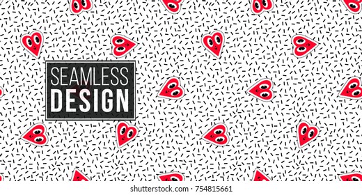 Seamless pattern background with patch smile heart. Vector backdrop with badges, stickers, pins, patches. Inspired by cartoon comic style of 80s-90s.