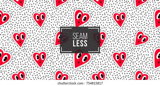 Seamless pattern background with patch smile heart. Vector backdrop with badges, stickers, pins, patches. Inspired by cartoon comic style of 80s-90s.