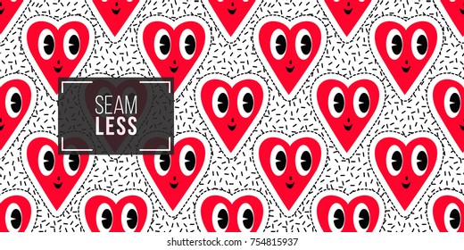 Seamless pattern background with patch smile heart. Vector backdrop with badges, stickers, pins, patches. Inspired by cartoon comic style of 80s-90s.