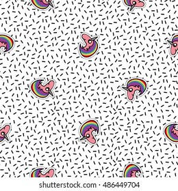 Seamless pattern background with patch unicorn with rainbow. Vector backdrop with badges, stickers, pins, patches. Inspired by cartoon comic style of 80s-90s.