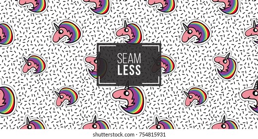 Seamless pattern background with patch unicorn with rainbow. Vector backdrop with badges, stickers, pins, patches. Inspired by cartoon comic style of 80s-90s.