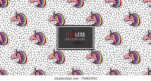 Seamless pattern background with patch unicorn with rainbow. Vector backdrop with badges, stickers, pins, patches. Inspired by cartoon comic style of 80s-90s.