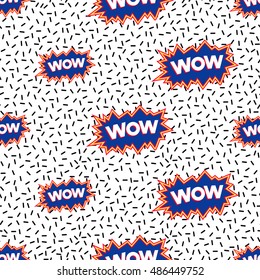 Seamless pattern background with patch wow label. Vector backdrop with badges, stickers, pins, patches. Inspired by cartoon comic style of 80s-90s.
