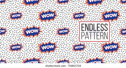 Seamless pattern background with patch wow label. Vector backdrop with badges, stickers, pins, patches. Inspired by cartoon comic style of 80s-90s.