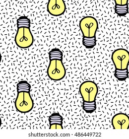 Seamless pattern background with patch yellow lamp. Vector backdrop with badges, stickers, pins, patches. Inspired by cartoon comic style of 80s-90s.