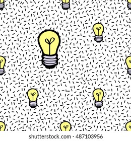Seamless pattern background with patch yellow lamp. Vector backdrop with badges, stickers, pins, patches. Inspired by cartoon comic style of 80s-90s.