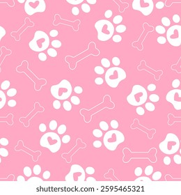Seamless pattern and background with paw prints, hearts, bones. Abstract vector illustration, background vector design of cute paw prints.