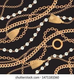 Seamless pattern background with pearls, tassel and chains golden metallic necklace. On black. Vector illustration