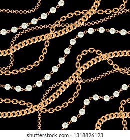 Seamless pattern background with pears and chains golden metallic necklace. On black. Vector illustration.