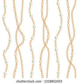 Seamless pattern background with pears and chains golden metallic necklace. On white. Vector illustration.