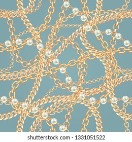 Seamless pattern background with pears and chains golden metallic necklace. On vintage blue. Vector illustration.