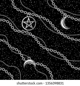 Seamless pattern background with pentagram and moon pendants on silver metallic chain. On black. Vector illustration.