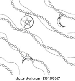 Seamless pattern background with pentagram and moon pendants on silver metallic chain. On white. Vector illustration.