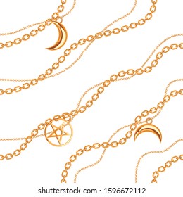 Seamless pattern background with pentagram and moon pendants on golden metallic chain. On white. Vector illustration