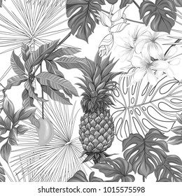 Seamless pattern, background with pineapple and  mango on white background.   Hand drawn monochrome vector illustration without transparent and gradients.