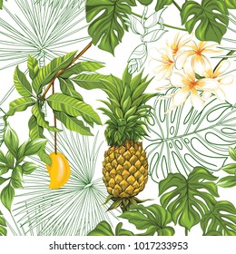 Seamless pattern, background with pineapple and  mango on white background.  Hand drawn colorful vector illustration without transparent and gradients.