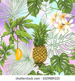 Seamless pattern, background with pineapple and  mango on vanilla background.  Hand drawn colorful vector illustration without transparent and gradients.
