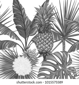 Seamless pattern, background with pineapple  on white background.   Hand drawn monochrome vector illustration without transparent and gradients.