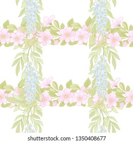 Seamless pattern, background with pink cherry blossoms, apple trees, sakura and acacia. Soft spring floral background.  Colored vector illustration.