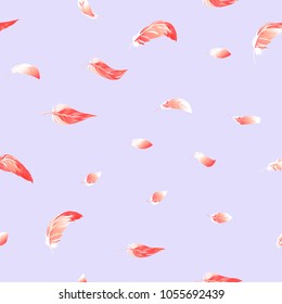 Seamless pattern, background. with pink flamingo feathers on a soft ultra violet background. Stock vector illustration.