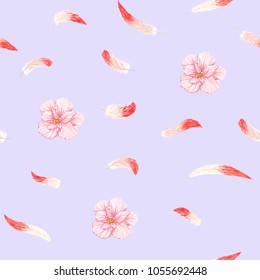Seamless pattern, background. with pink flamingo feathers and  hibiscus on a soft ultra violet background. Stock vector illustration.
