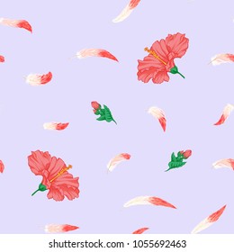 Seamless pattern, background. with pink flamingo feathers and  hibiscus on a soft ultra violet background. Stock vector illustration.