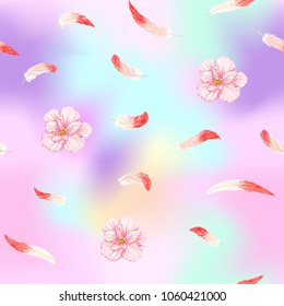 Seamless pattern, background. with pink flamingo feathers and  hibiscus on In light ultra violet pastel colors on mesh pink, blue background. Stock vectorÂ illustration.