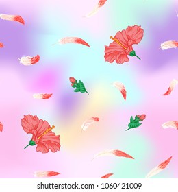 Seamless pattern, background. with pink flamingo feathers and  hibiscus on In light ultra violet pastel colors on mesh pink, blue background. Stock vectorÂ illustration.