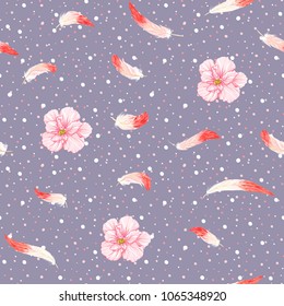 Seamless pattern, background. with pink flamingo feathers and  hibiscus on a soft ultra violet and dots background. Stock vectorÂ illustration.