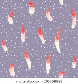 Seamless pattern, background. with pink flamingo feathers on a soft ultra violet and dots background. Stock vectorÂ illustration.