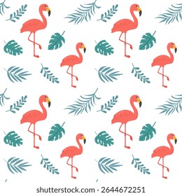 Seamless pattern, background with pink flamingo and blue leaves. For summer textiles and tropical themed designs.