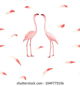 Seamless pattern, background. with pink flamingos and feathers on a white background. Stock vectorÂ illustration.