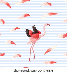 Seamless pattern, background. with pink flamingos and feathers on On blue and white stripes background. Stock vectorÂ illustration.