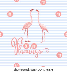 Seamless pattern, background. with pink flamingos and feathers on On blue and white stripes background. Stock vectorÂ illustration.