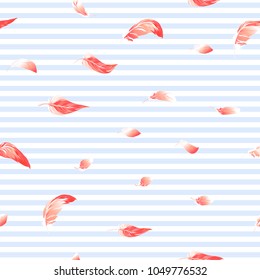 Seamless pattern, background. with pink flamingos and lotus on On blue and white stripes background. Stock vectorÂ illustration.