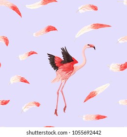 Seamless pattern, background. with pink flamingos and feathers on a soft ultra violet background. Stock vector illustration.